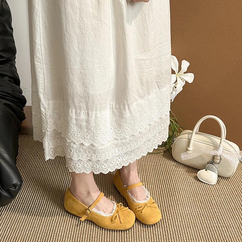 2025 Women's Fashion Single Shoes Spring New Round Head Shallow Mouth Bow Lace Metal Buckle Soft Sole Non-slip Flat Shoes