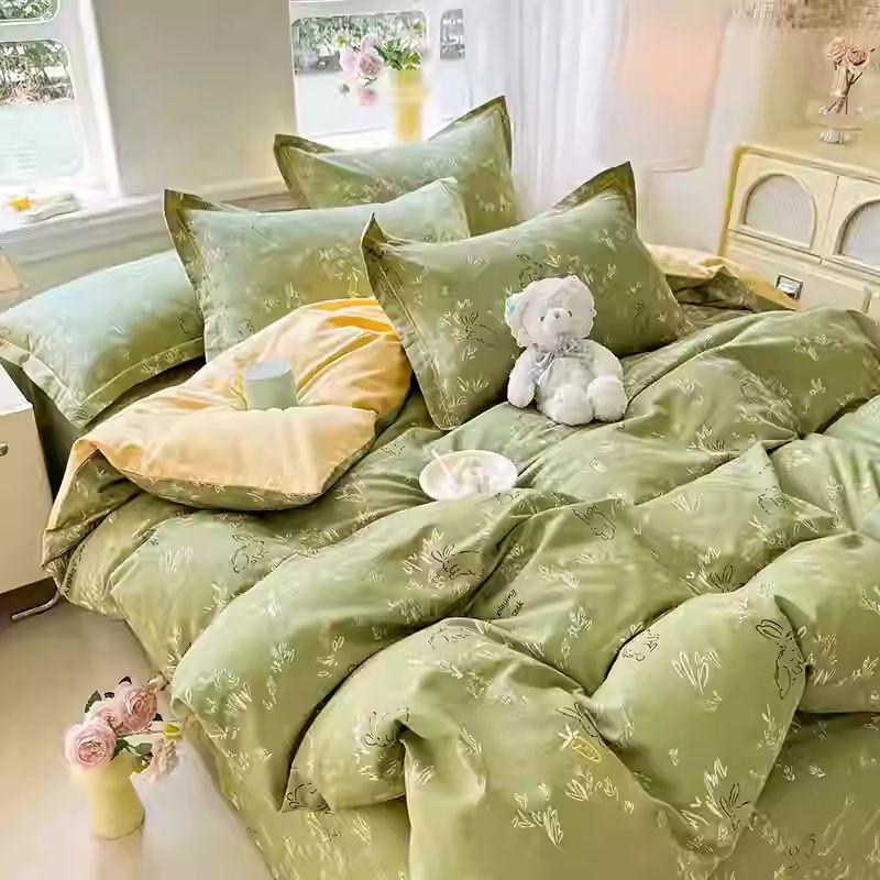 

[Thickened 100% Cotton Brushed] Ins Style Floral Pure Cotton AB Surface Quilt Cover Four-Piece Set Bed Sheet Fall and Winter Heattech Pair of pillowcase [48 × 74cm]] Sunny day