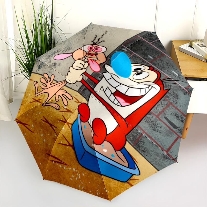 Ren and Stimpy pattern, automatic folding umbrella, portable and foldable design, 8 ribs, a Christmas or birthday gift.