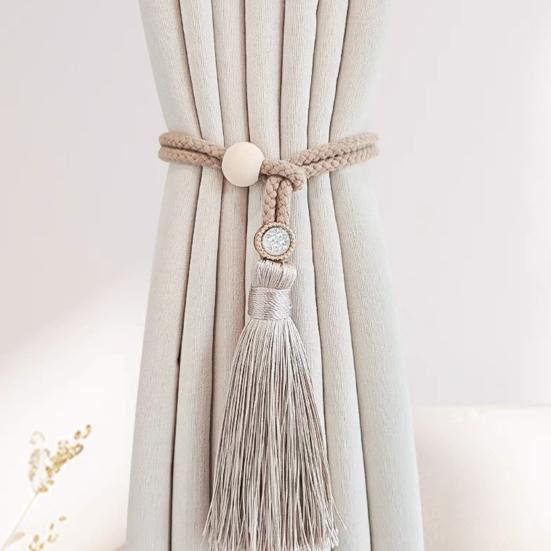 Bohemian Curtain Tiebacks Handwoven Rope with Tassels & Wood Beads Decorative Window Holdbacks for Living Room Bedroom Home Decor
