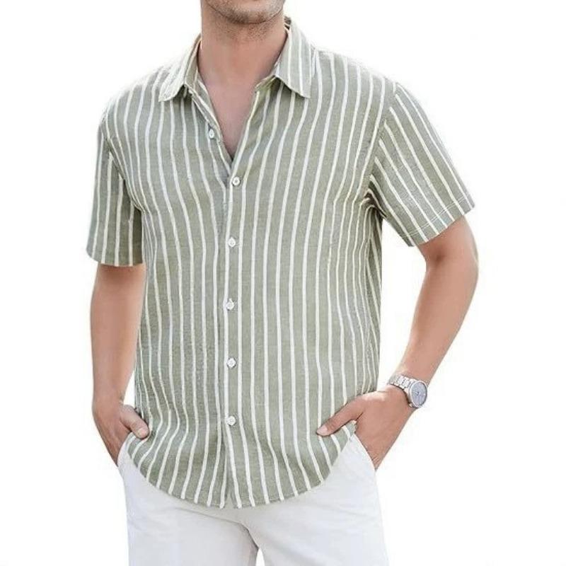Men Vertical Stripe Lapel Short Sleeve Linen Blend Button Down Shirt