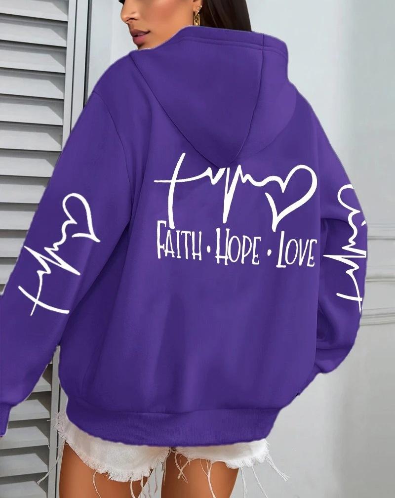 Faith Hope Love Letter Pattern, Printed Women'S Hoodie Autumn Loose Casual Pocket Fleece Pullover