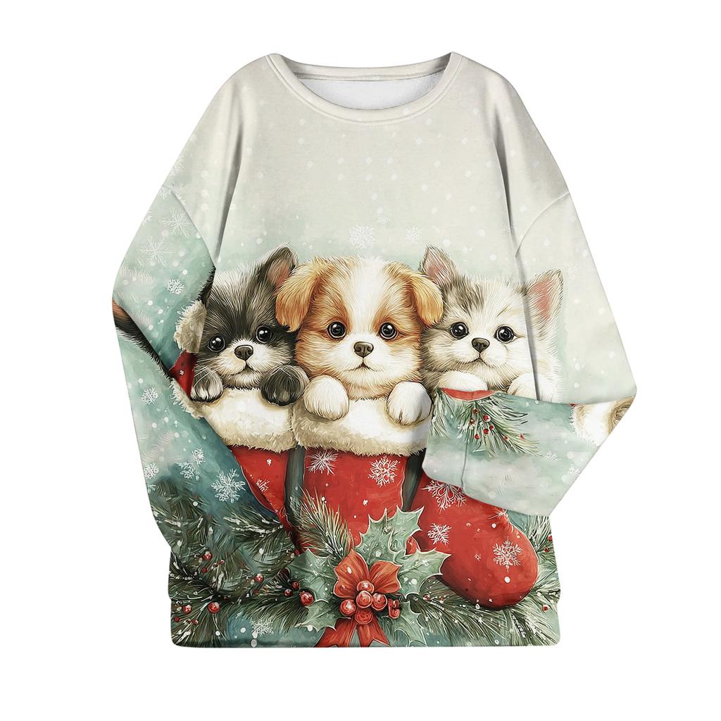 Women's Fashion Casual Long Sleeve Christmas Printed Round Neck Plus Velvet Thickened Sweatshirt