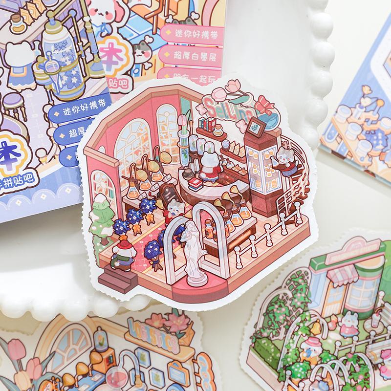 24sheets/bag 8in1 Cartoon Landscape Sticker Book DIY Scrapbook 3D Pocket Cabin Scene Stickers Gift For Kid Child