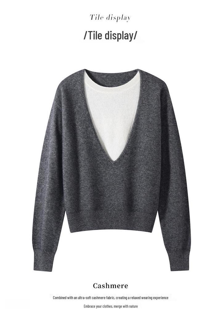 35% Cashmere Women's Color Block Faux Layered Korean Style Pullover Sweater