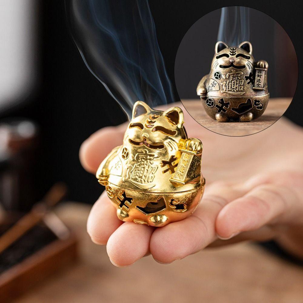 Mini Cat Lucky Cat Incense Burner Hollowed Out Patterns Alloy Sandalwood  Office Decoration