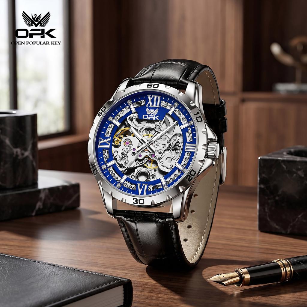OPK Men's Luminous Waterproof Mechanical Watch Hollowed out See through Dial Stainless Steel Strap 6100