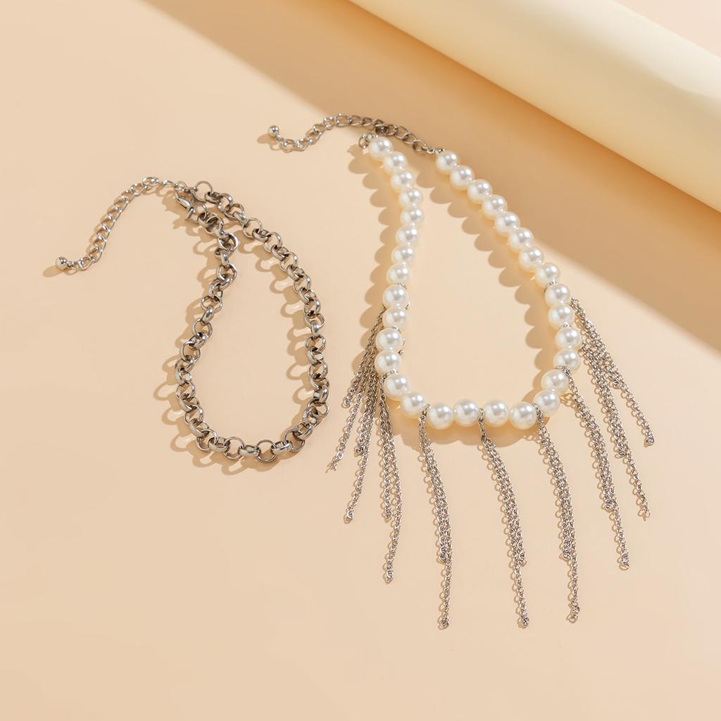Ingemark 2Pcs Multilayer Imitation Pearl Tassel Link Chain Necklace for Women Vintage Beads Choker Y2K Jewelry Wed Accessories