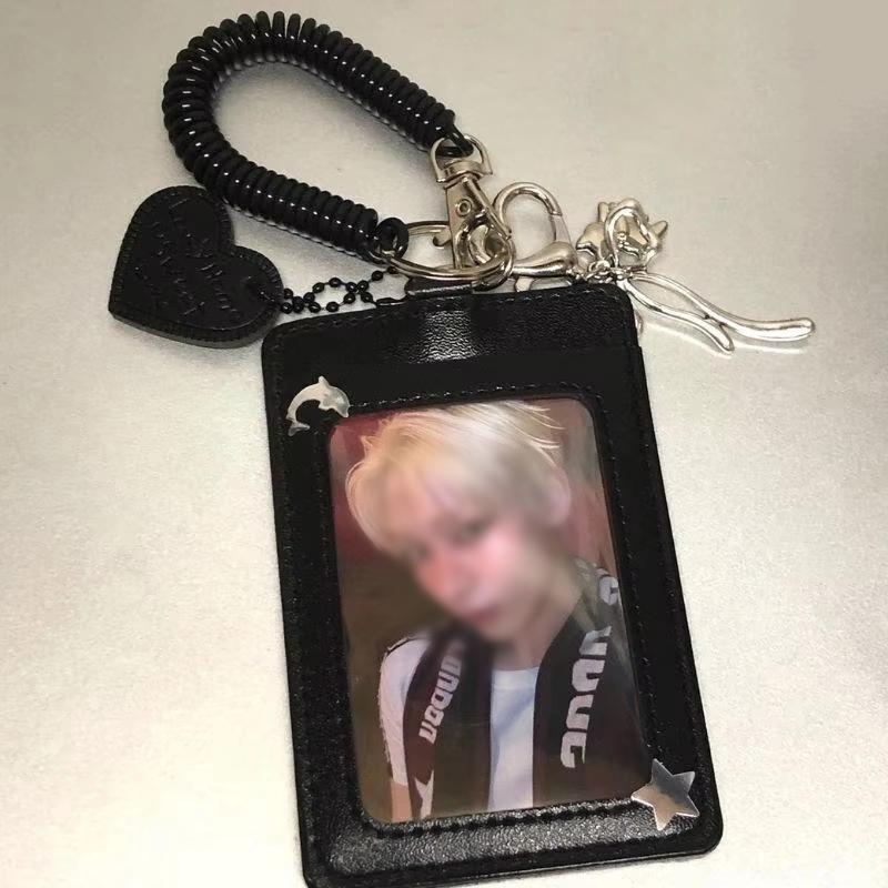 1 Piece Black Pu Leather Silver Cat Bow Pendant Photo Card Holder Keychain Student Campus Card Id Card Holder