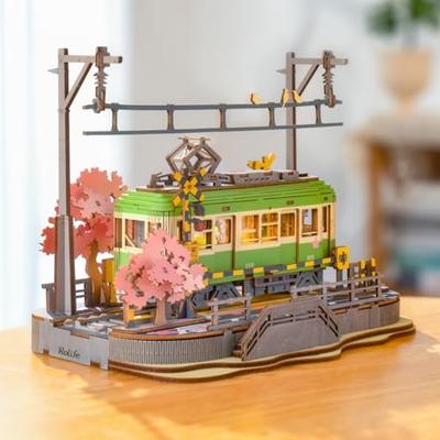 Rolife Wooden 3D Puzzle, Cherry Blossom Journey, Beginner's Assembly Kit, DIY Craft, Cherry Blossom Train Model, Japanese-Style Interior Decor, LED Li