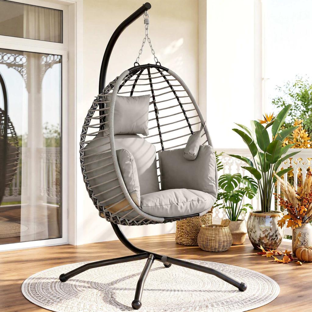 Hanging Chair with Stand, Folding Basket, Cushion, Headrest, 120 Kg Load Capacity, Grey and Black