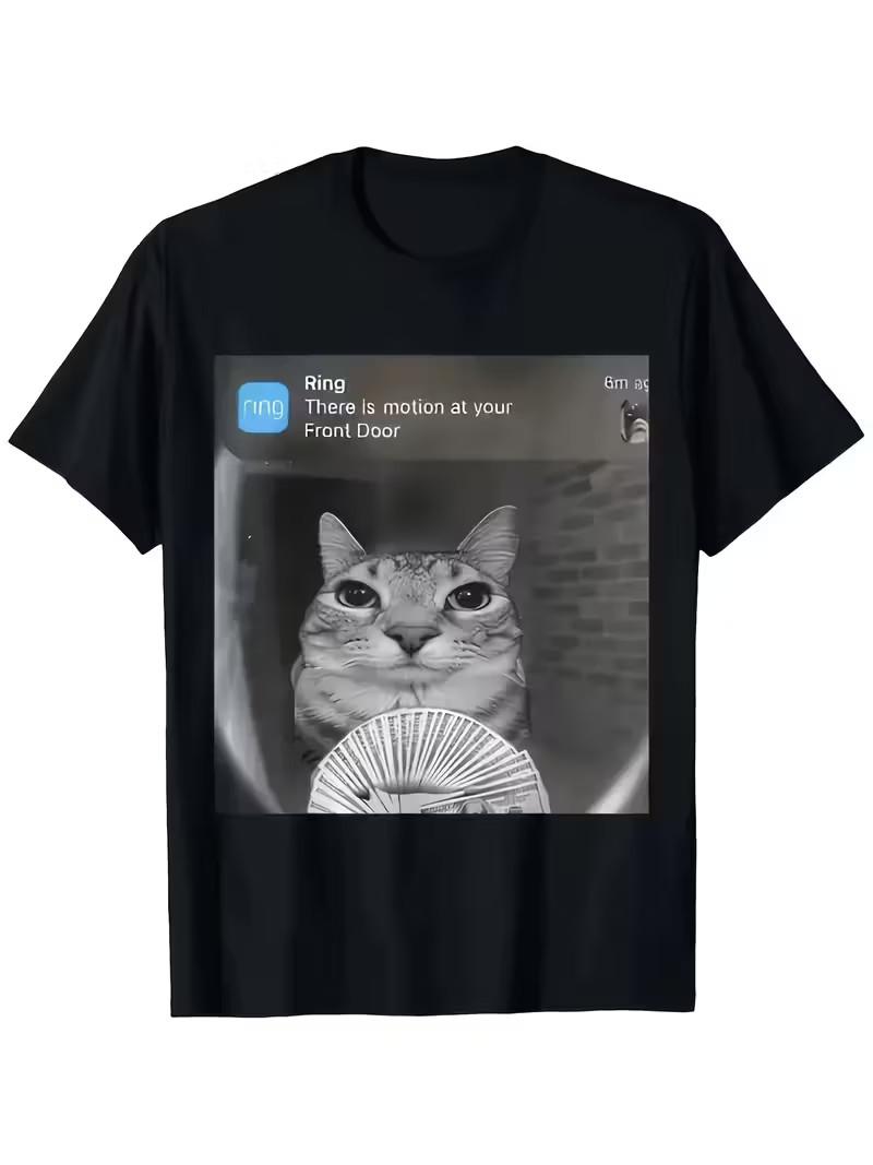 [Cat Pattern T-Shirt] Fun  Front Door Activity  Cat Pattern T-Shirt - Casual Bla 3XL