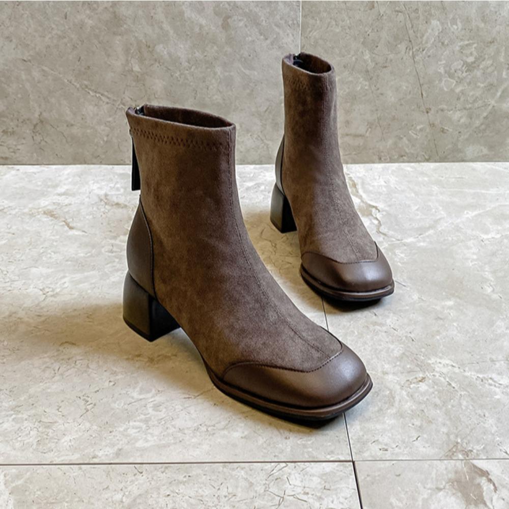 French Square Toe Slim Boots For Women Spring And Autumn New Patchwork Suede Retro Thick Heel Soft Soled Short Boots High Heels