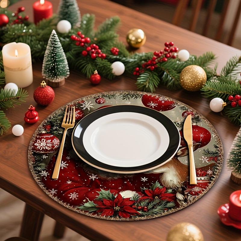 4pcs/6pcs Vintage Christmas Round Placemats, Washable Linen Table Mats Featuring Santa, Reindeer, Red Ornaments, and Poinsettias, Ideal for Kitchen Ta