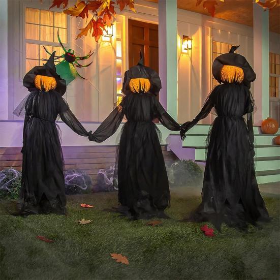Świecące Wiedźmy Trzymające się za Ręce z Kołkami Aktywowana Dźwiękiem Halloweenowa Stojąca Dekoracja Wiedźmy ze Świecącą Twarzą na Zewnątrz Trawnik Ogród Patio Dekoracja