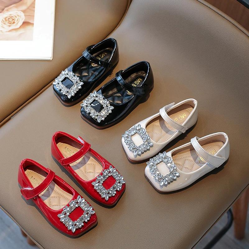 Girls Leather Shoes Chic Korean Style Rhinestones Buckle Little Big Kids Princess Mary Jane Children Fashion Dress Flats Sweet