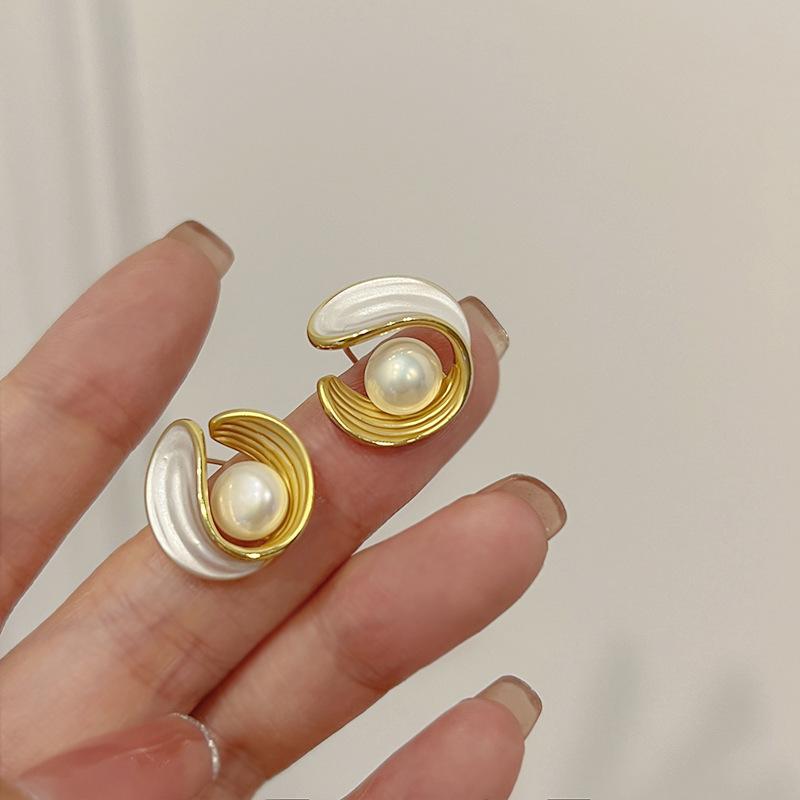 Cercei cu șuruburi retro francezi cu perle, glazură cu picurare high-end, cercei cu temperament cu design de nișă, cercei cu știfturi 925 versatili pentru femei