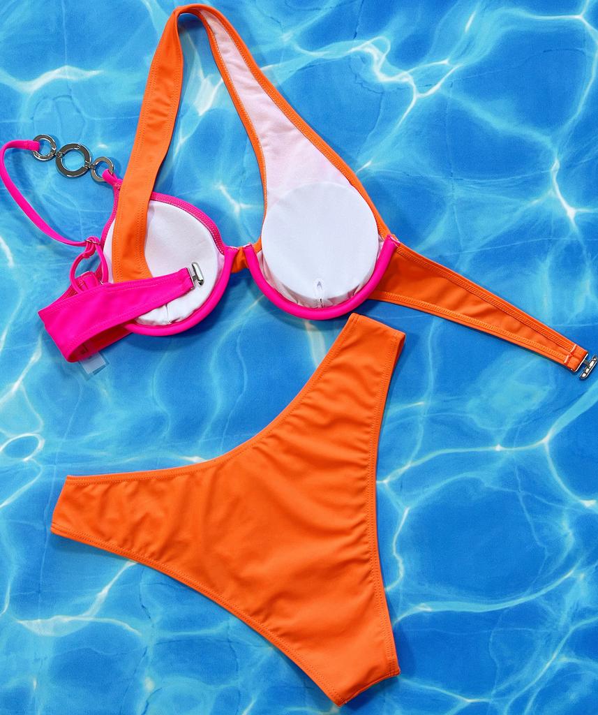 Women's Swimsuit Solid Color One Shoulder Cutout Sexy Bikini Two-piece Swimsuit Beachwear Bathing Suits