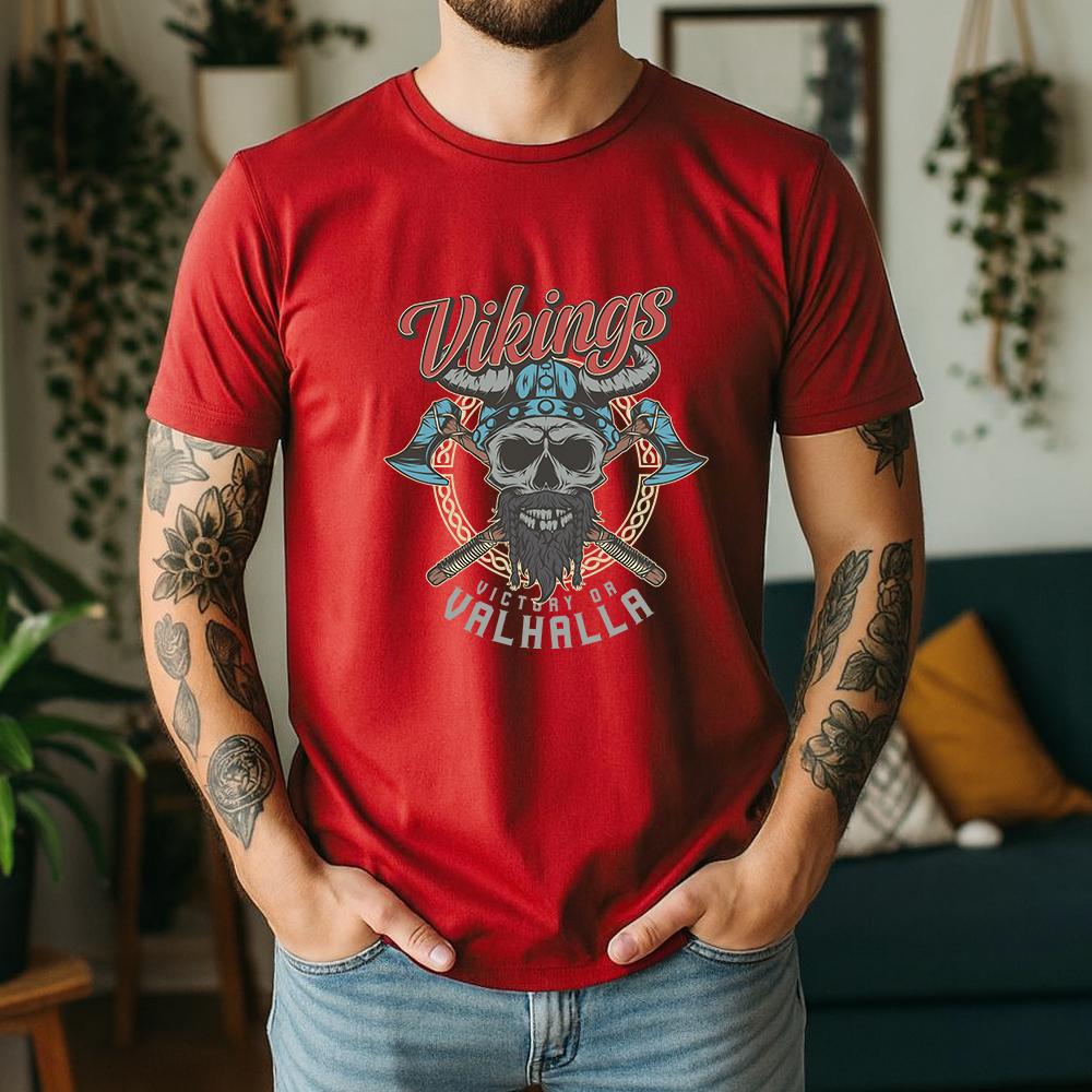 2026 Summer 100 Cotton Vikings Valhalla Graphic Oversized Tee Viking Valhalla Skull Norse Mythology Themed Short Sleeve