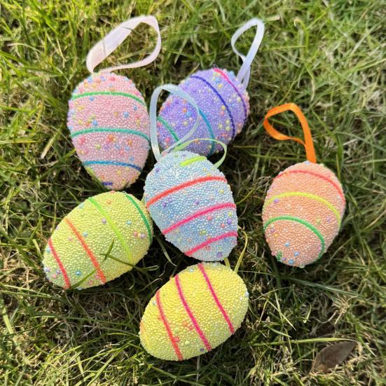6Pcs Easter Eggs with Hanging String Foam Hanging Ornaments Striped Colorful Decoration for Easter Tree Home Party And Spring Crafts