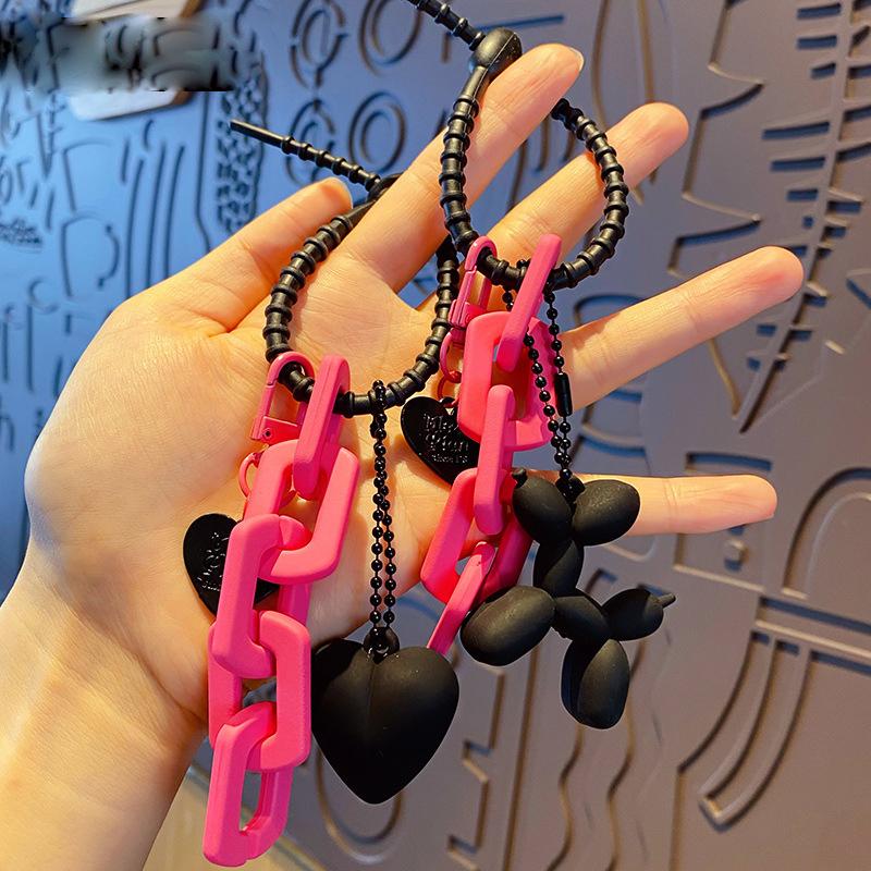 INS Punk Cute Balloon Dog Resin Key Chain Cartoon PU Black Heart Chains Keyring Car Bag Phone Pendant Keychain for Women Couple