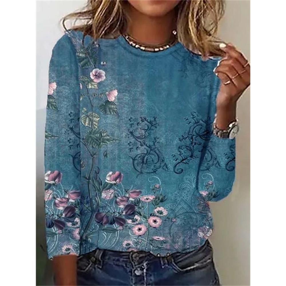 New Women's Floral Pattern T Shirts 3D Print Tops O-Neck Casual Pullover Long Sleeve Y2K Clothing For Girls Fashion Sweatshirt