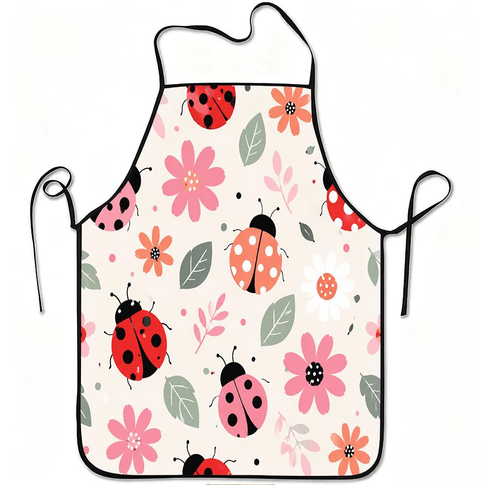 1pc Cute Ladybug And Flower Print Apron, Durable And Easy To Clean, Adjustable Waistband, Polyester Material, for Kitchen Cooking, Gardening, Orchard