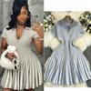 French Contrasting Color Retro Lapel Short-sleeved Striped Knitted Dress, Women's Waist Temperament and Thin A-word Short Skirt