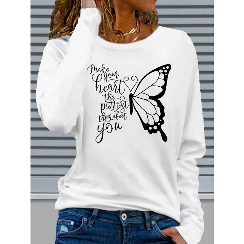 Graphic Print T-shirt, Long Sleeve Crew Neck Casual Top for Spring & Fall, Women's Clothing