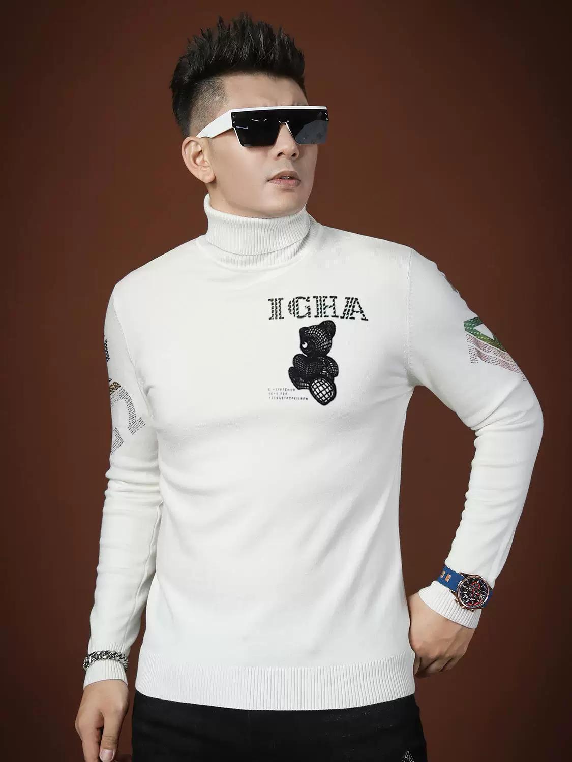 European Trendy Brand Men s Long-Sleeved Knitwear 2025 Autumn and Winter New Style Bear Print Turtleneck Sweater Men s Top 2XL белый