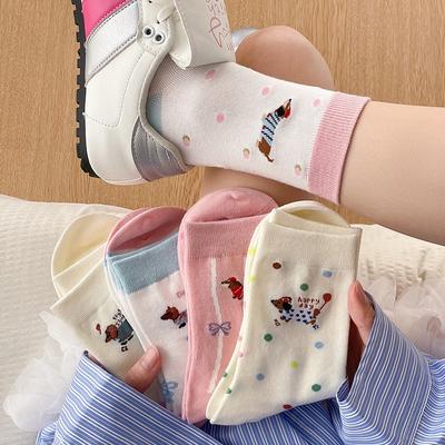 Cartoon Dachshund Puppy Socks, Girls' Mid-calf Socks, and Cute Girls' Long Stockings for Spring and Summer