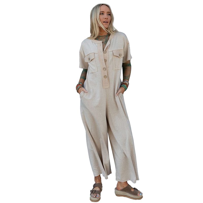 

Fashion Plaid Loose Pocket Wide Leg One-Piece Pants Women s 2025 Summer New Arrival Color Matching Short Sleeve Jumpsuit Women Apricot color Size S fit (45.00 kg-55.00 kg