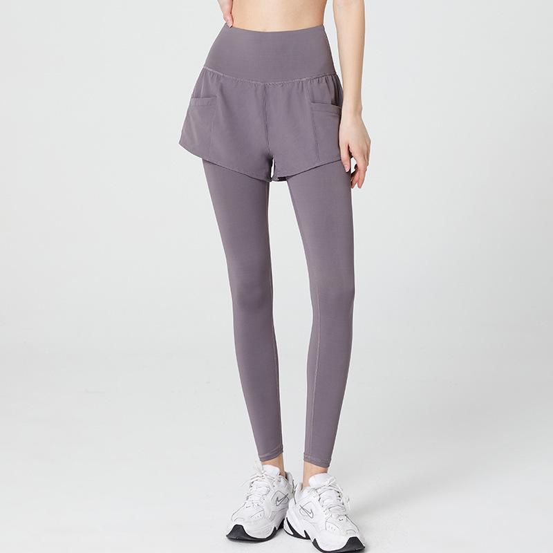 

Plus Size High Waist Tummy Control Yoga Pants - A-Line Slim Fit, Fake Two-Piece Sportswear for Women (200 lbs) 5XL фіолетовий/сірий колір