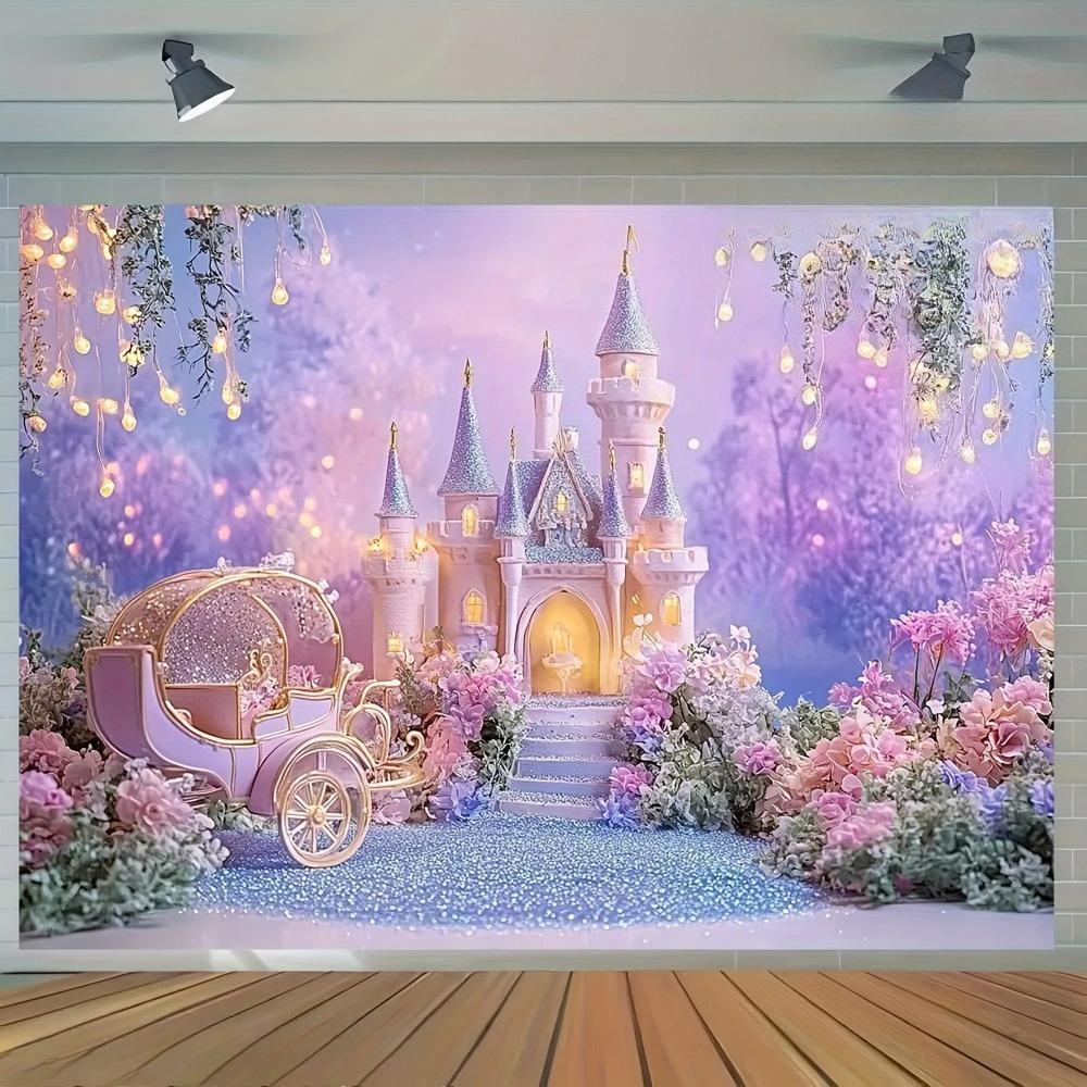 Shining Princess Castle Carriage and Floral Banner Background Children's Girls' Birthday Party Decoration Photography Backdrop