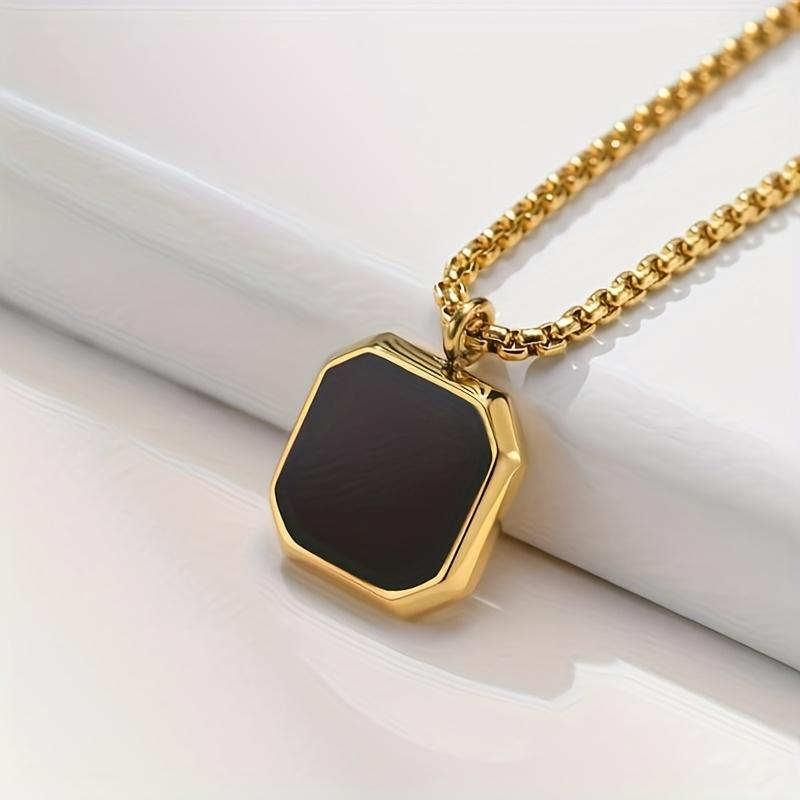 A Stainless Steel Geometric Square Pendant Necklace Set with Black Synthetic Zircon - a Minimalist Modern Square Bezel Jewelry Piece.