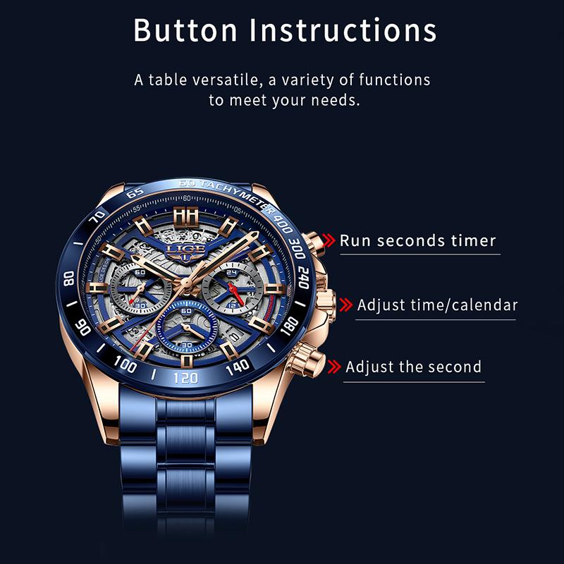 LIGE Nové pánské hodinky Luxusní business Hodinky pro volný čas Módní hodinky Nerezová ocel Vodotěsné Quartz Hodinky Multifunkční ciferník Automatický časovací kód kalendáře