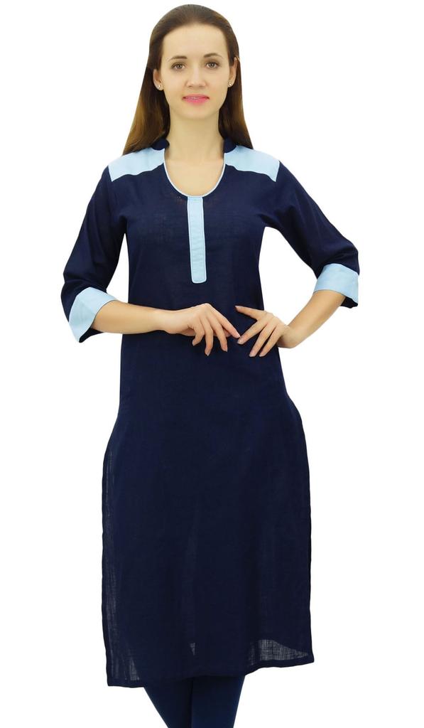 Bimba Women's Straight Kurta Slub Cotton Kurti Indian Long Tunic Blouse | Navy Blue|