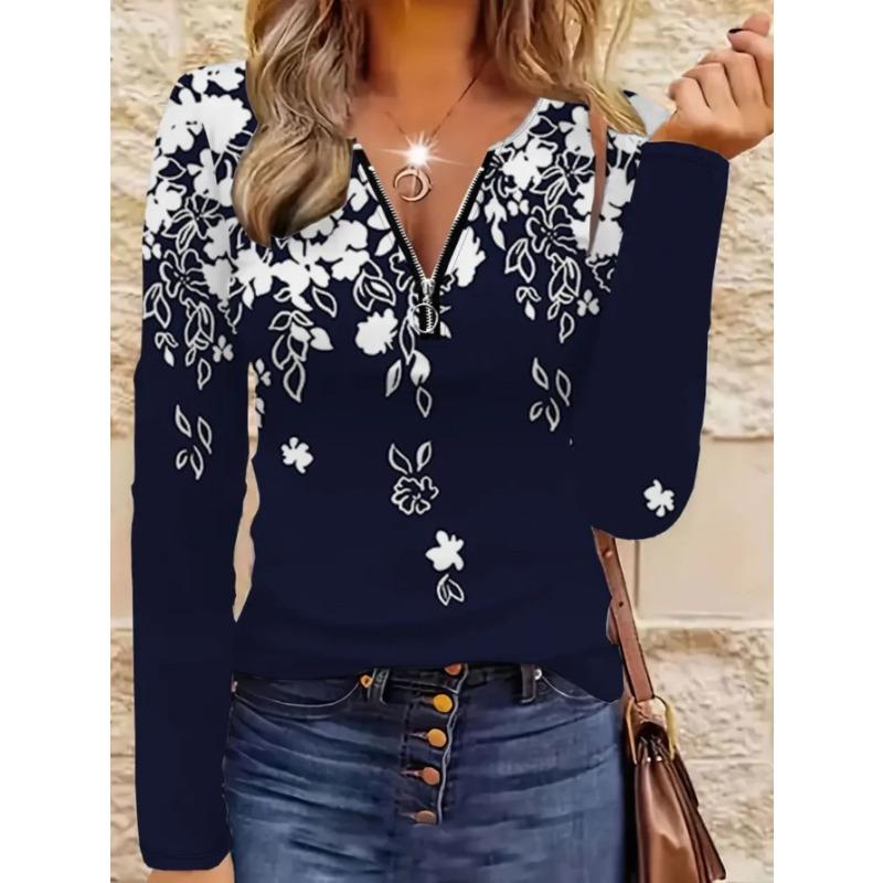 Women's elegant printed zipper long-sleeved top, stylish and versatile for autumn and winter casual and office wear, machine washable