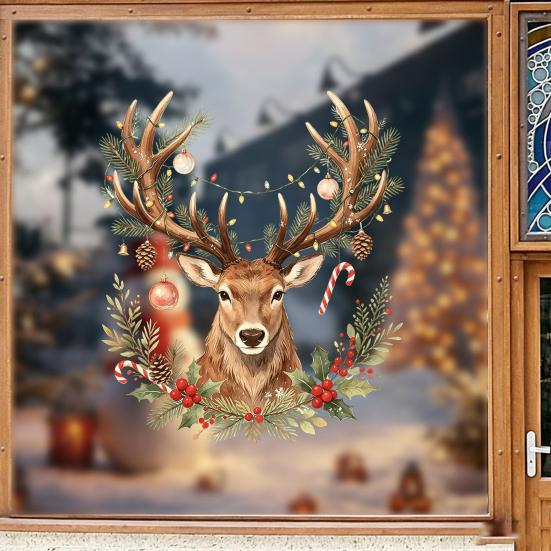 Seasonal Window Decals Christmas Watercolor Reindeer Cling, Removable Reusable Elk Head Static Easy Install Sticker Decal, Animal Decorative Glass for