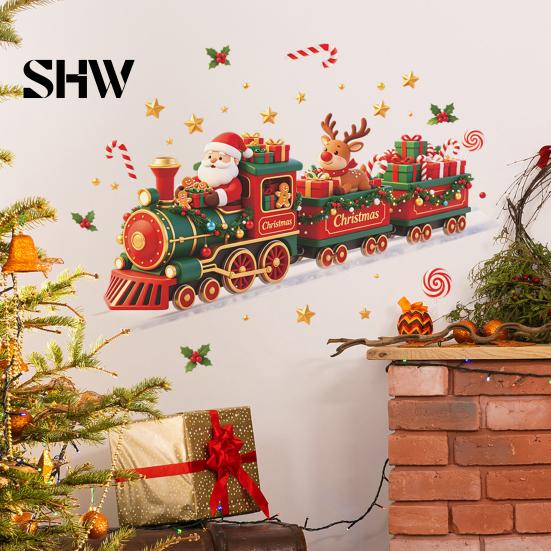 Christmas Window Clings Train Wall Sticker, Santa Claus Reindeer Decals, Self Adhesive Xmas Party Decor Murals, Removable PVC Art for Home Living Room