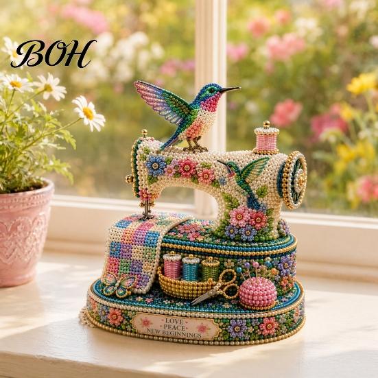 Desktop Decorative Craft Tiny 3D Beaded Sewing Machine DIY Kit for Kids & Adults, Exquisite Hummingbird Handmade Bead Set, Stress Relief Creative