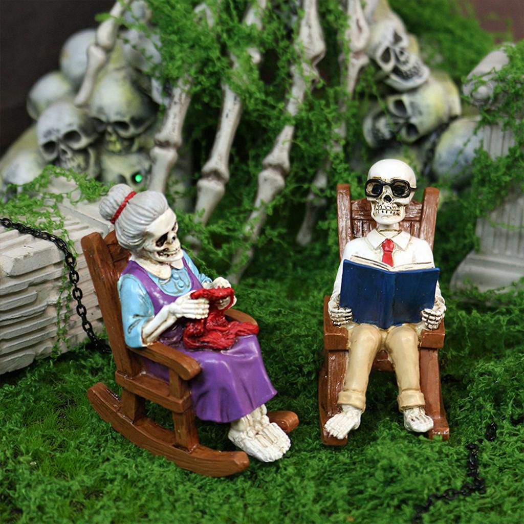 Gothic Rocking Chair Skeleton Elder Statue Halloween Decor Creepy Resin Skull Art for Home Desk Office Study Punk Dark Decor
