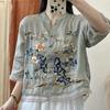 Dames Lente en Herfst Grote Maten Vijf Punten Mouw T-shirt Geborduurd Vest Tops Chinese Patchwork Zak Knoop Shirt