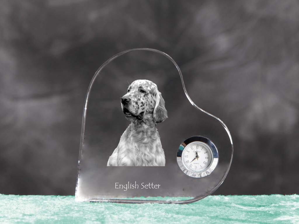 English setter, Lawerack, Laverack – Crystal clock with a dog picture, heart-shaped shelf clock | Art-Dog