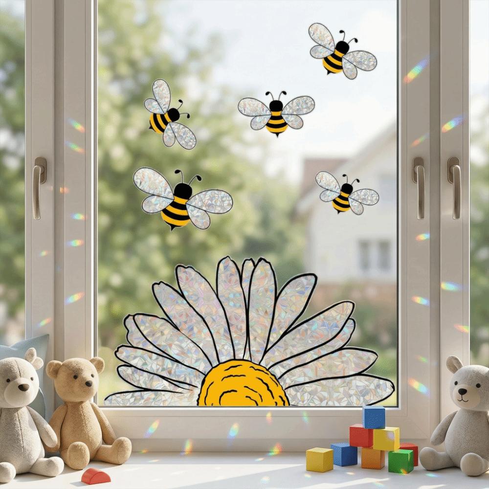 Removable Bee Glass Sticker Waterproof Sunflower Wall Decals Art Bee Window Stickers  Living Room