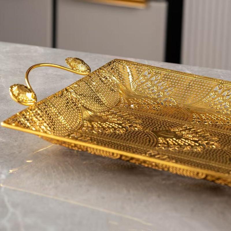European Cake Tray,Household Metal Rectangle Hollowed-Out Shape Golden Handle Fruit Plate,Snack Plate Party Decoration,18 inch