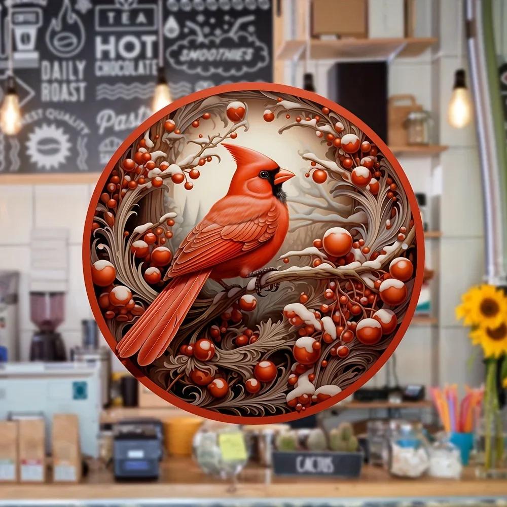 1pc North American Cardinal and Holly Berry Wreath Sign Noble Bird Rustic Metal Sign Elegant Cardinal Decorative Wall Hanging