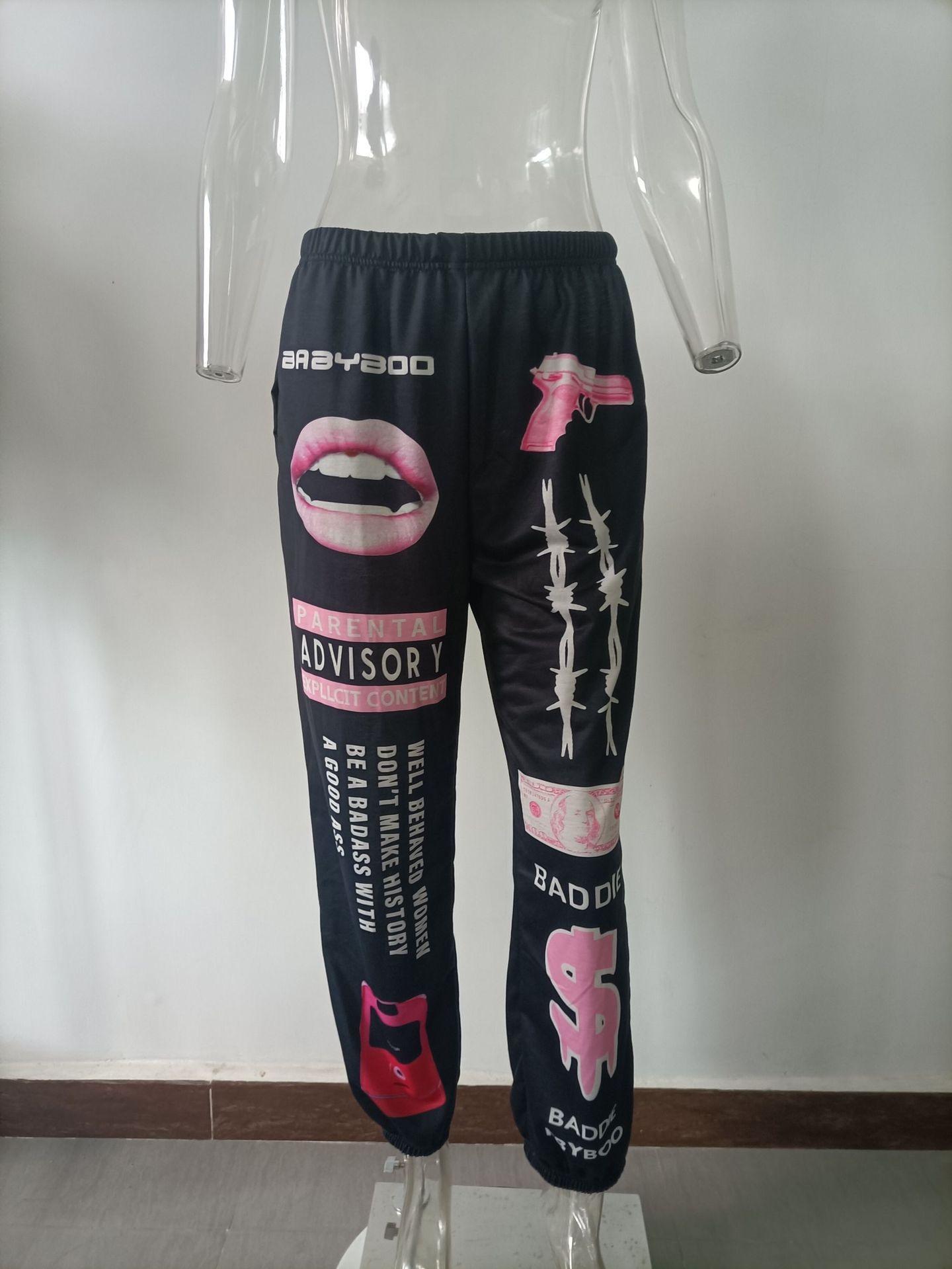 women s High Waist Elastic Cuffed Graphic Printed Jogger Pants Streetwear Harem Sweatpants S чёрный
