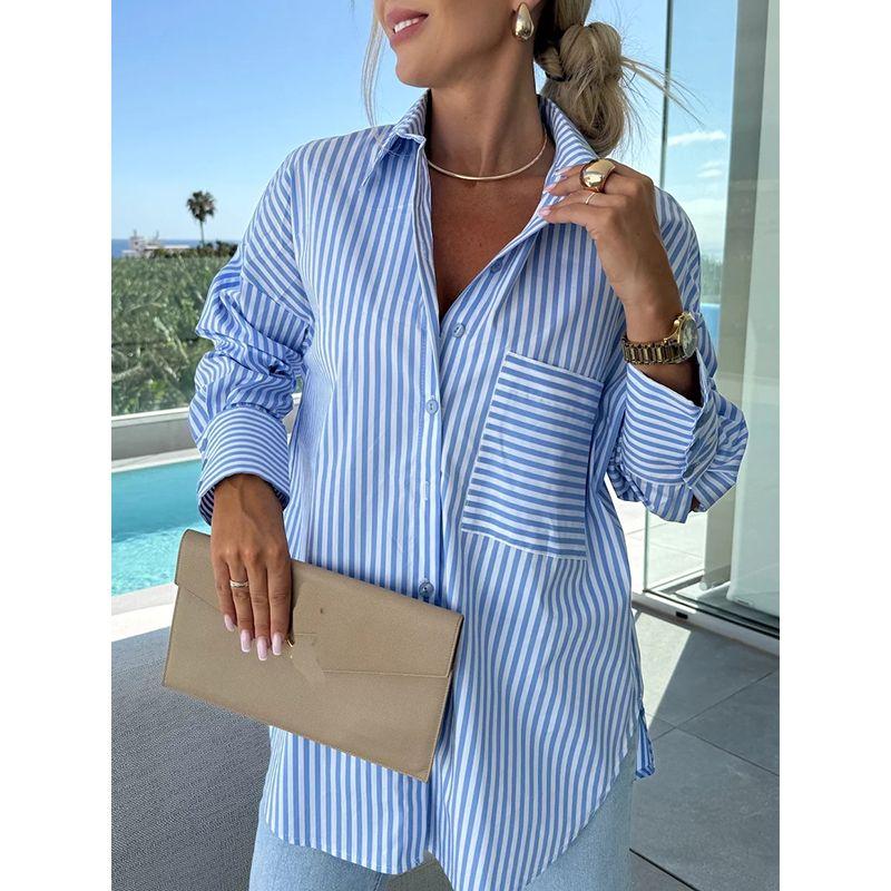 Cross-Border Western Style Spring and Autumn New Fashion Commuter Ol Single-Breasted Stripe Loose Long sleeve Shirts Top Shirt