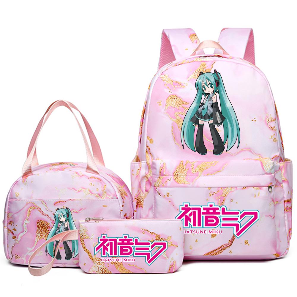 3Pcs/set Anime Hatsune Miku Printed Backpack Handbag Pencil Case for Teenager Student Bookbag Schoolbag Women Large Capacity Waterproof Travel Bag